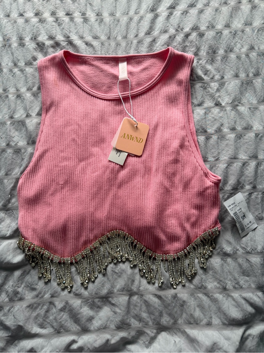 EDGE Pink Ribbed Crop Tank with Beaded Fringe